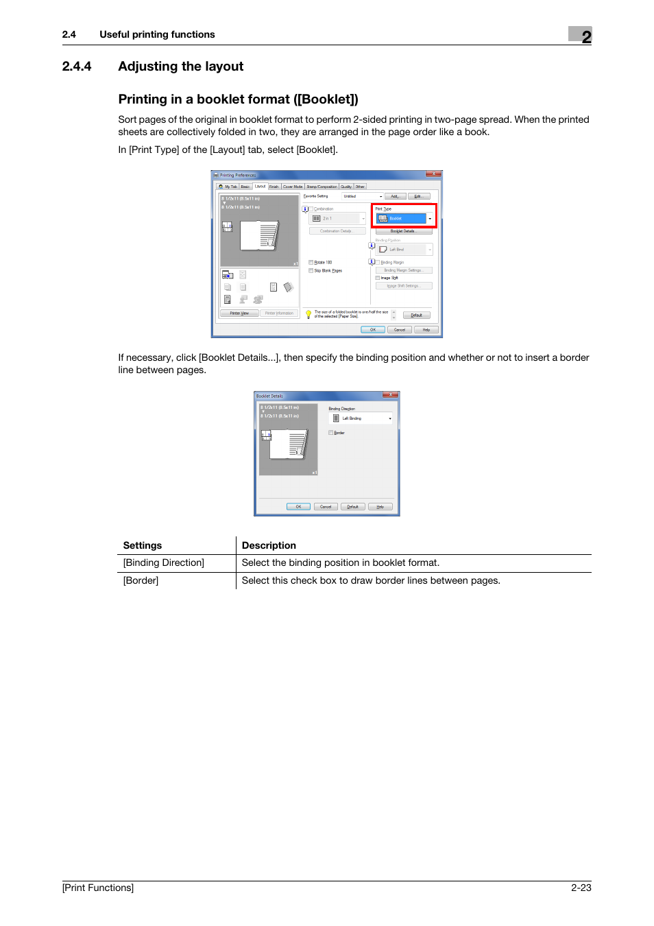 4 adjusting the layout, Printing in a booklet format ([booklet]) | Konica Minolta bizhub 4050 User Manual | Page 33 / 115