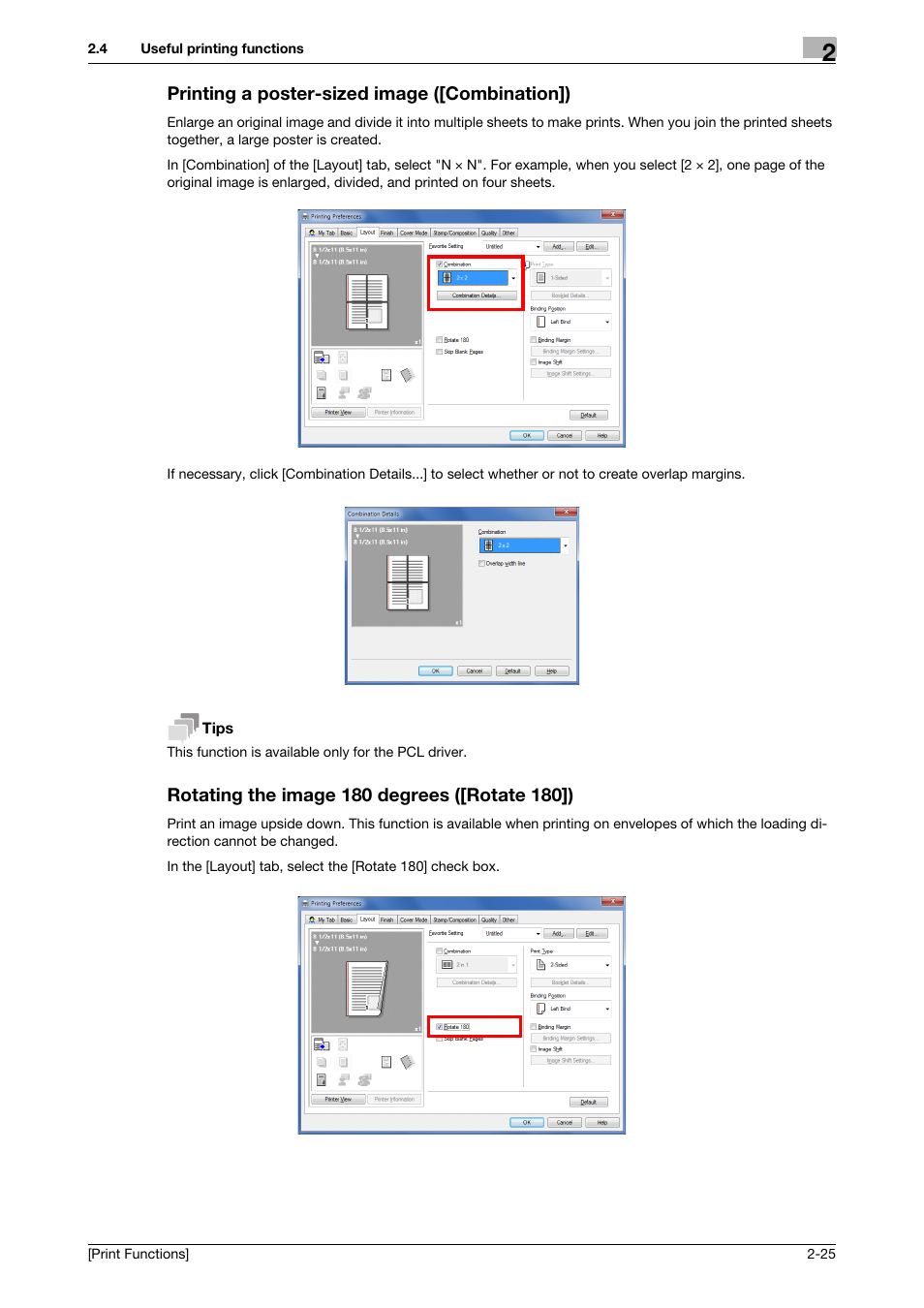 Printing a poster-sized image ([combination]), Rotating the image 180 degrees ([rotate 180]) | Konica Minolta bizhub 4050 User Manual | Page 35 / 115