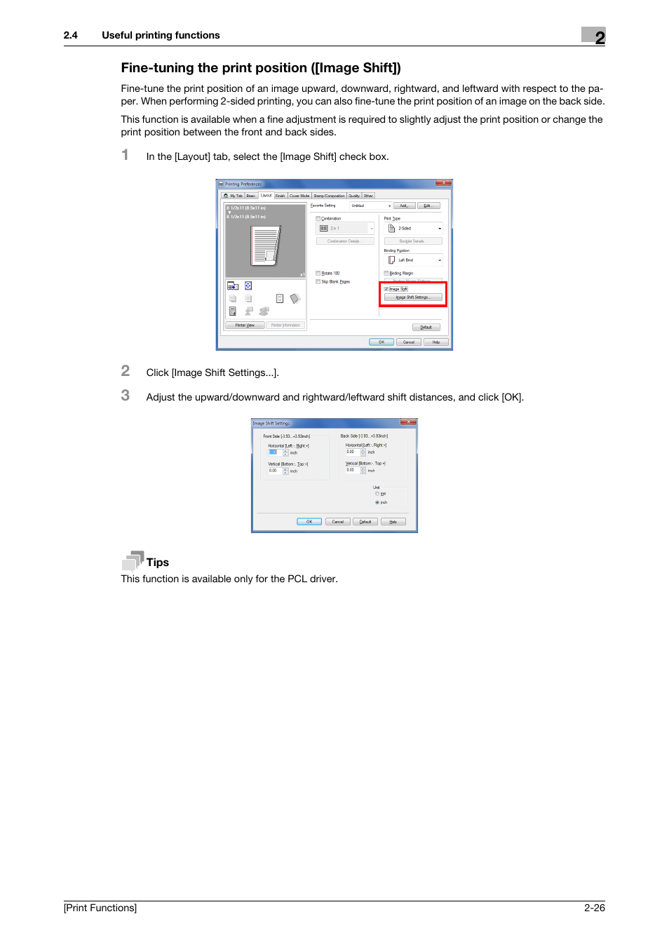 Fine-tuning the print position ([image shift]), Fine-tuning the print position ([image shift]) -26 | Konica Minolta bizhub 4050 User Manual | Page 36 / 115