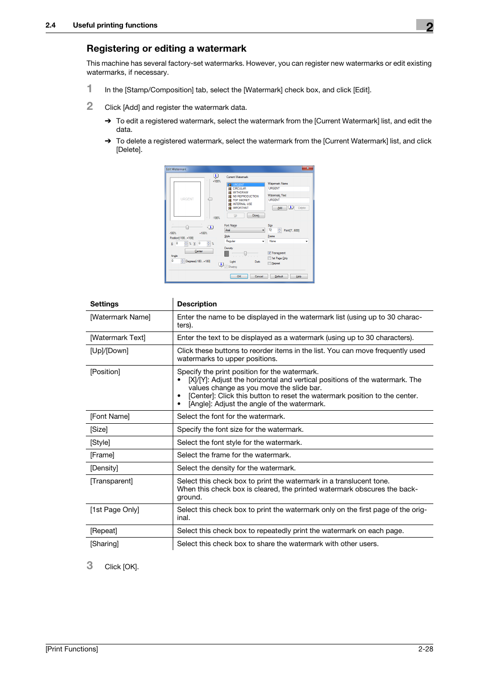 Registering or editing a watermark, Registering or editing a watermark -28 | Konica Minolta bizhub 4050 User Manual | Page 38 / 115