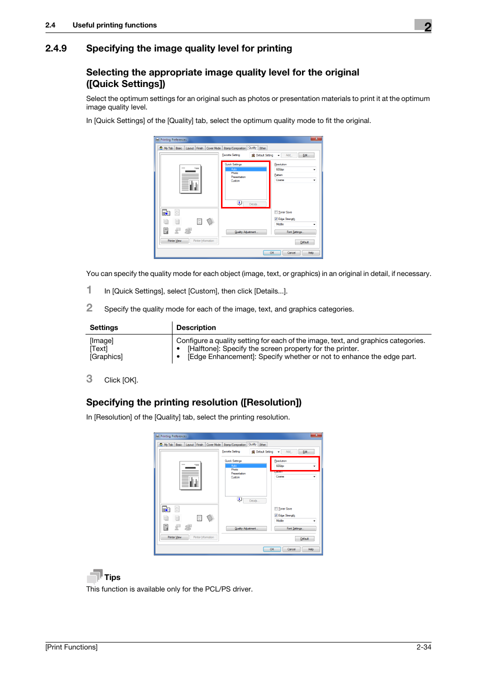 9 specifying the image quality level for printing, Specifying the printing resolution ([resolution]) | Konica Minolta bizhub 4050 User Manual | Page 44 / 115