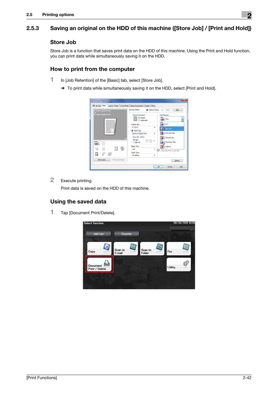 Store job, How to print from the computer, Using the saved data | Konica Minolta bizhub 4050 User Manual | Page 52 / 115