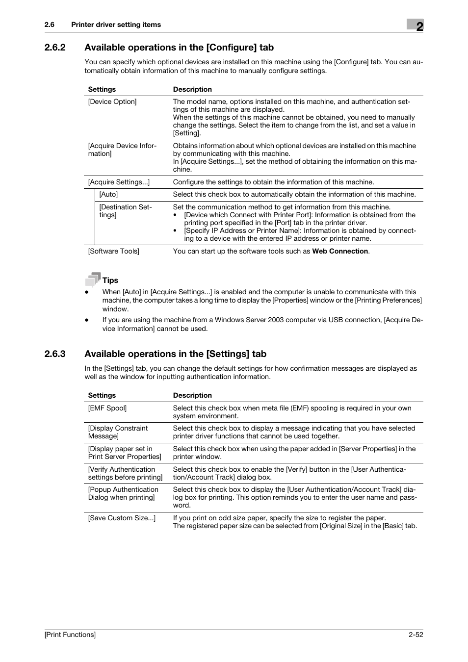 2 available operations in the [configure] tab, 3 available operations in the [settings] tab, Available operations in the [configure] tab -52 | Available operations in the [settings] tab -52 | Konica Minolta bizhub 4050 User Manual | Page 62 / 115