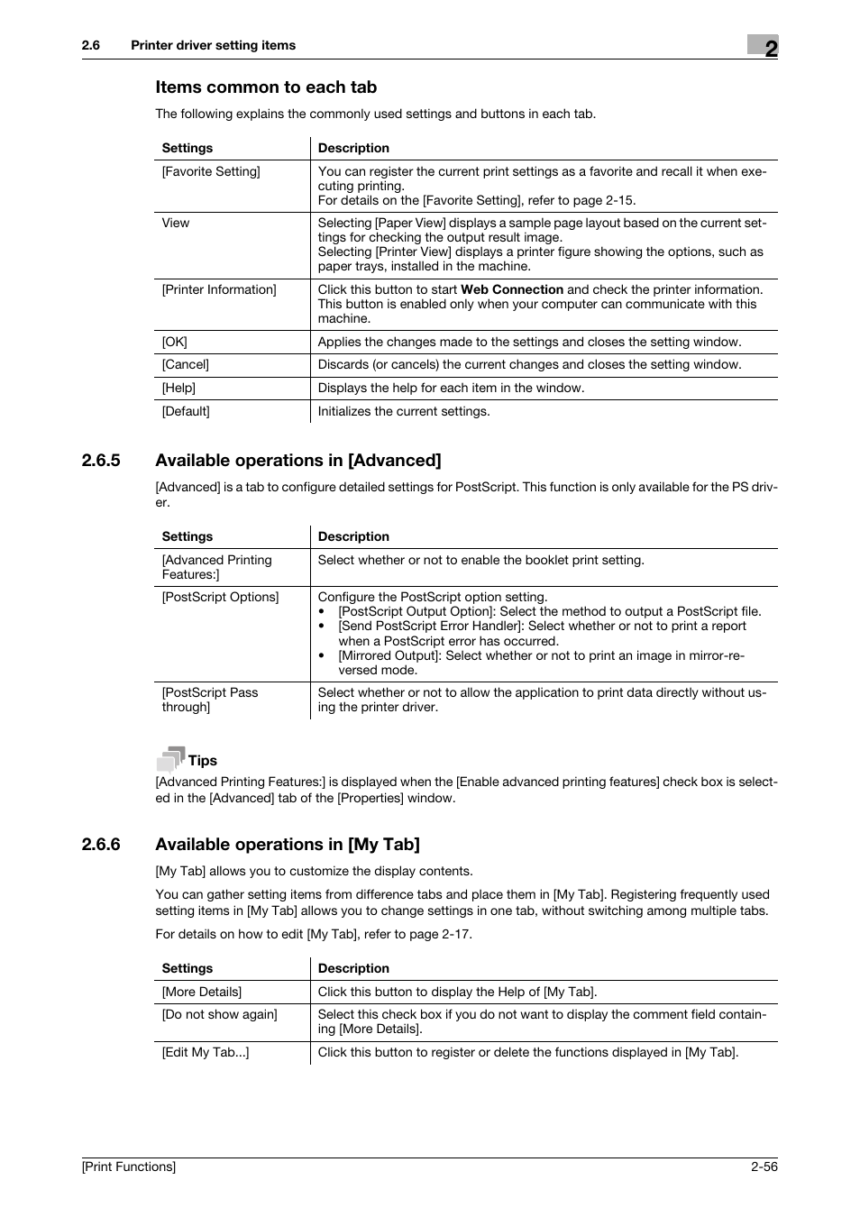 Items common to each tab, 5 available operations in [advanced, 6 available operations in [my tab | Items common to each tab -56, Available operations in [advanced] -56, Available operations in [my tab] -56 | Konica Minolta bizhub 4050 User Manual | Page 66 / 115
