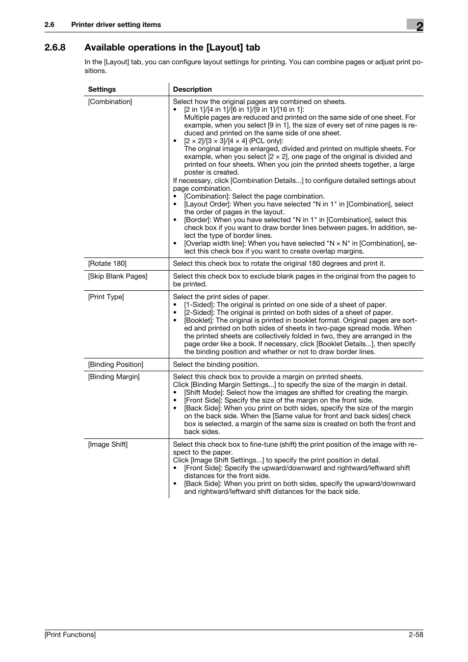 8 available operations in the [layout] tab, Available operations in the [layout] tab -58 | Konica Minolta bizhub 4050 User Manual | Page 68 / 115