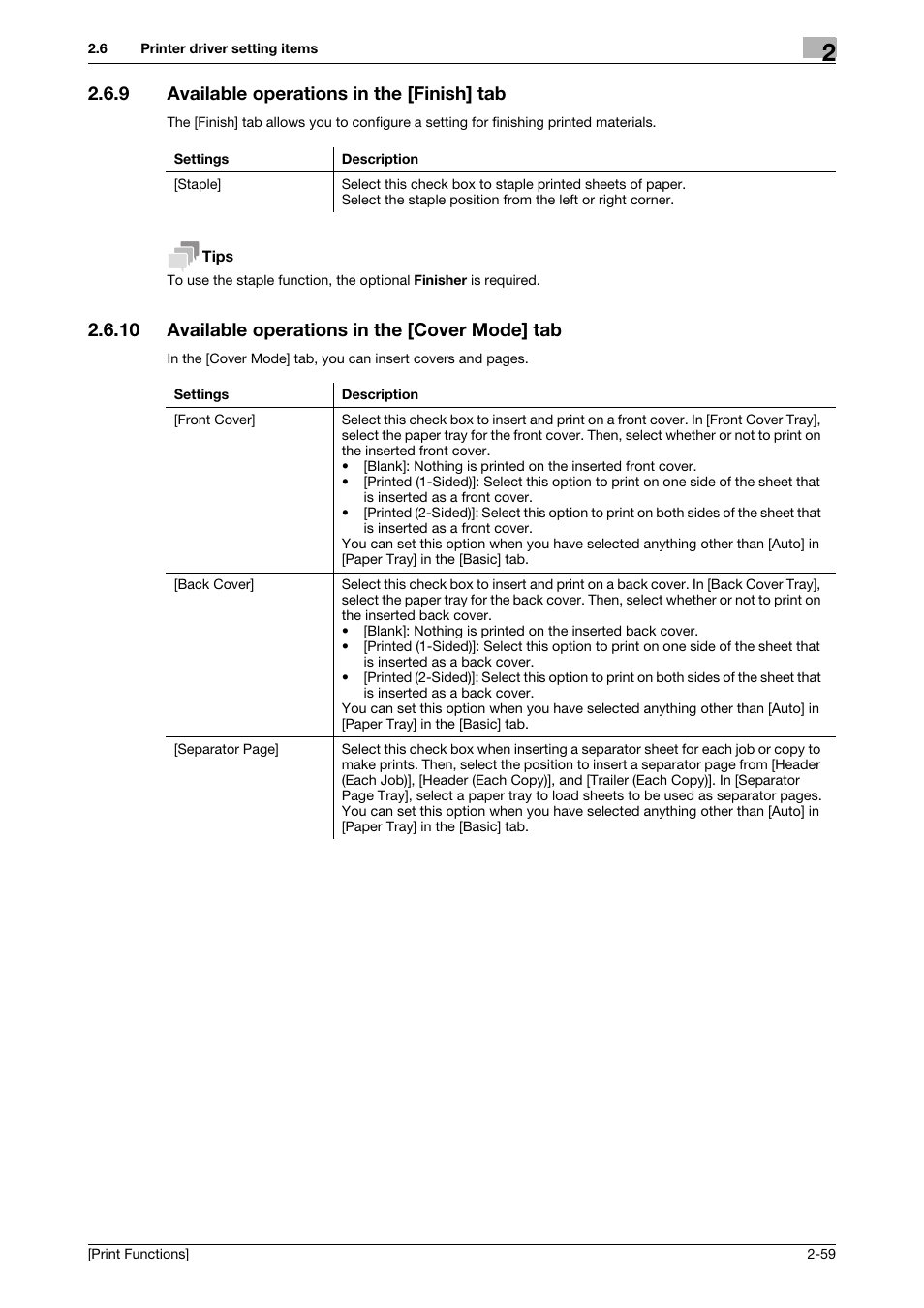 9 available operations in the [finish] tab, 10 available operations in the [cover mode] tab, Available operations in the [finish] tab -59 | Available operations in the [cover mode] tab -59 | Konica Minolta bizhub 4050 User Manual | Page 69 / 115