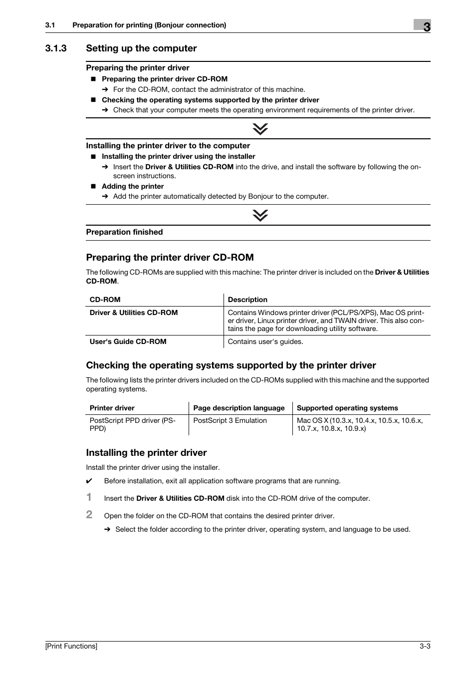 3 setting up the computer, Preparing the printer driver cd-rom, Installing the printer driver | Konica Minolta bizhub 4050 User Manual | Page 75 / 115