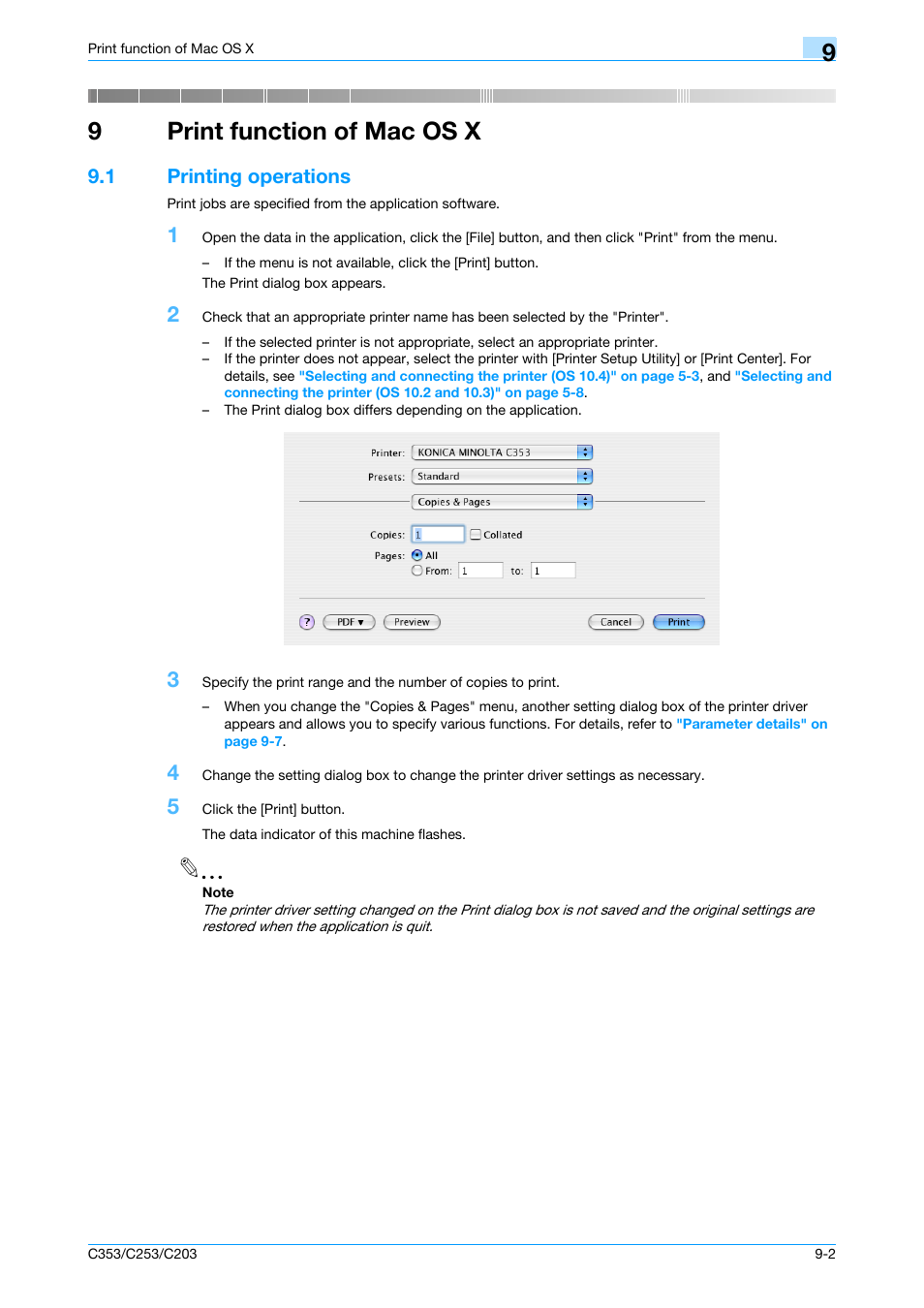 9 print function of mac os x, 1 printing operations, Print function of mac os x | Printing operations -2, 9print function of mac os x | Konica Minolta bizhub C353 User Manual | Page 103 / 262