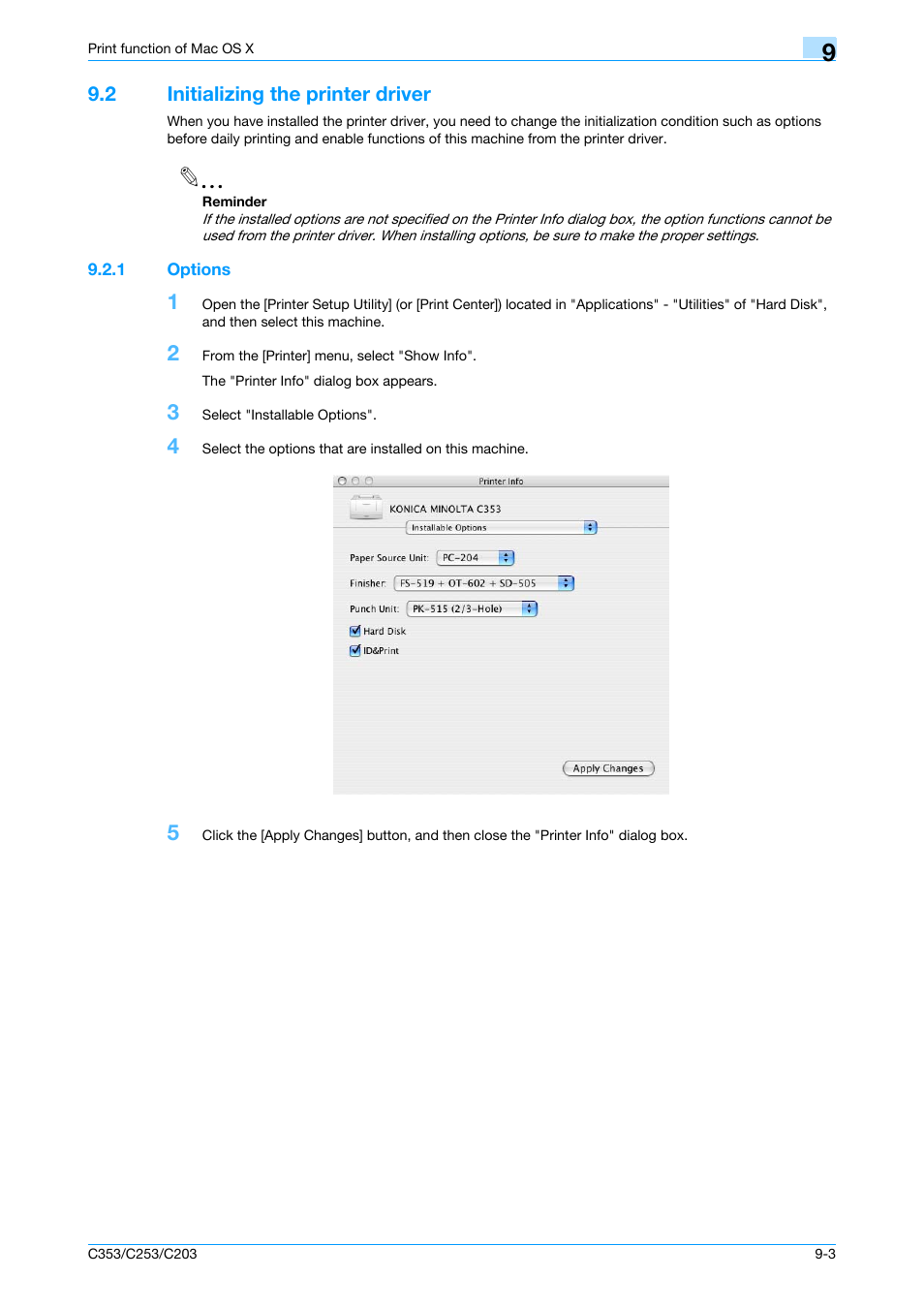 2 initializing the printer driver, 1 options, Initializing the printer driver -3 | Options -3 | Konica Minolta bizhub C353 User Manual | Page 104 / 262