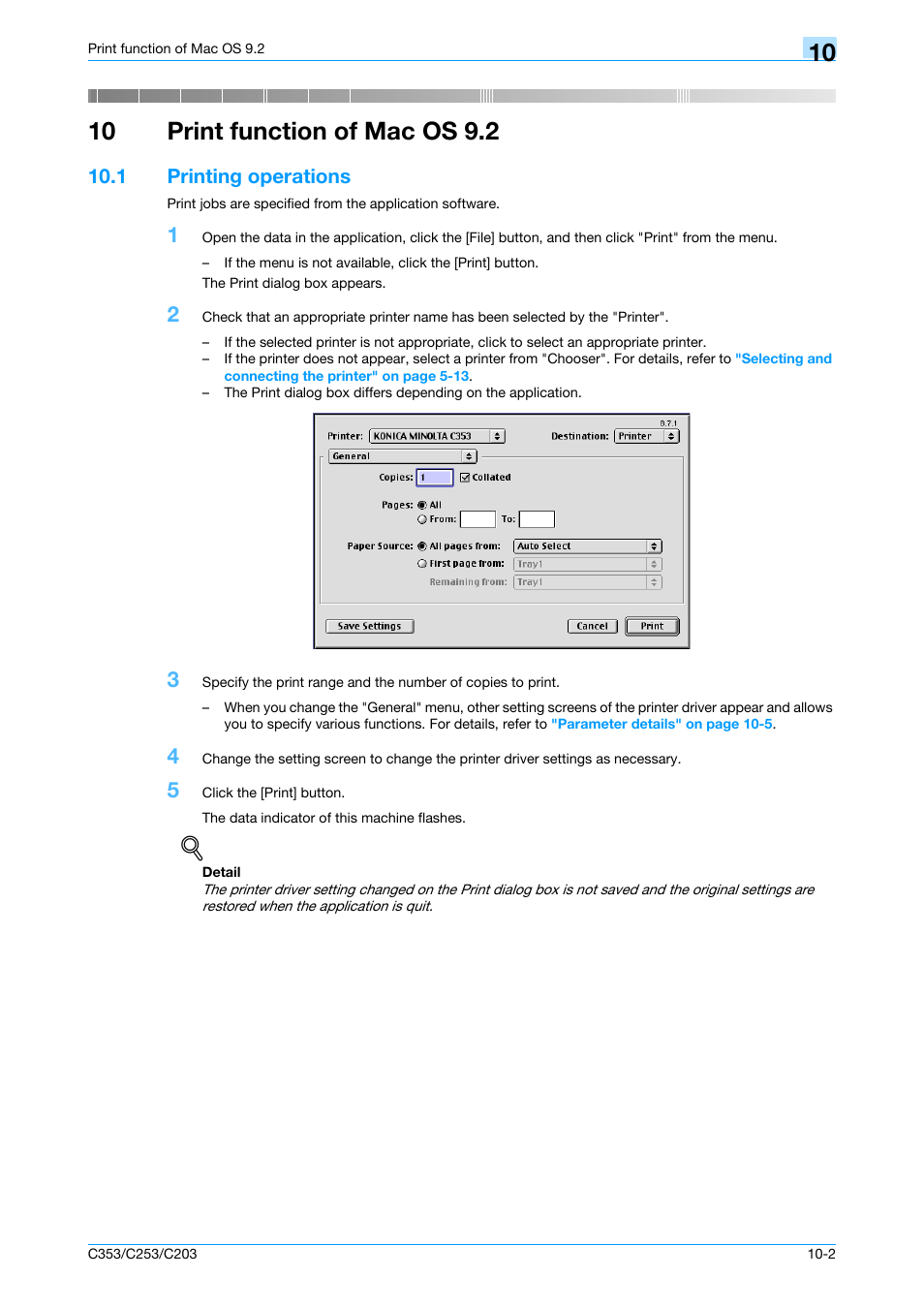 10 print function of mac os 9.2, 1 printing operations, Printing operations -2 | Print function of mac os 9.2 | Konica Minolta bizhub C353 User Manual | Page 123 / 262