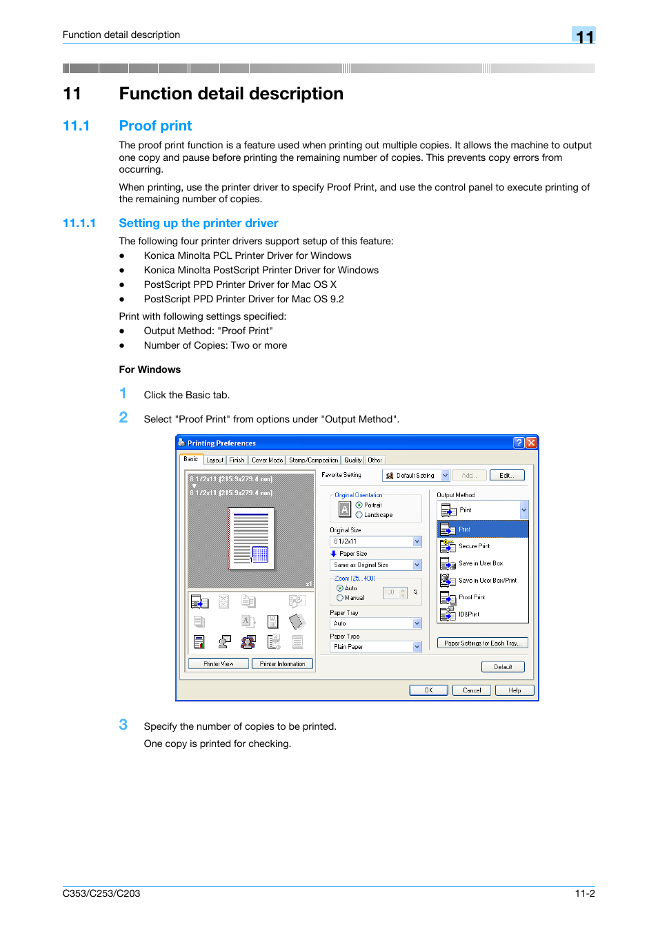 11 function detail description, 1 proof print, 1 setting up the printer driver | For windows, Proof print -2, Setting up the printer driver -2 for windows -2, Function detail description | Konica Minolta bizhub C353 User Manual | Page 131 / 262