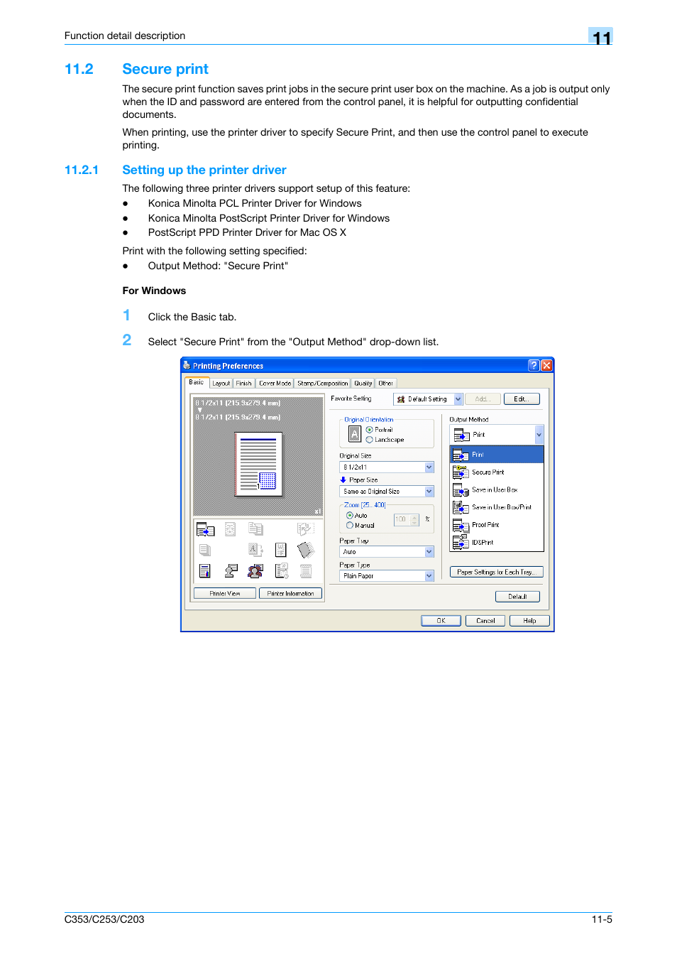 2 secure print, 1 setting up the printer driver, For windows | Secure print -5, Setting up the printer driver -5 for windows -5 | Konica Minolta bizhub C353 User Manual | Page 134 / 262