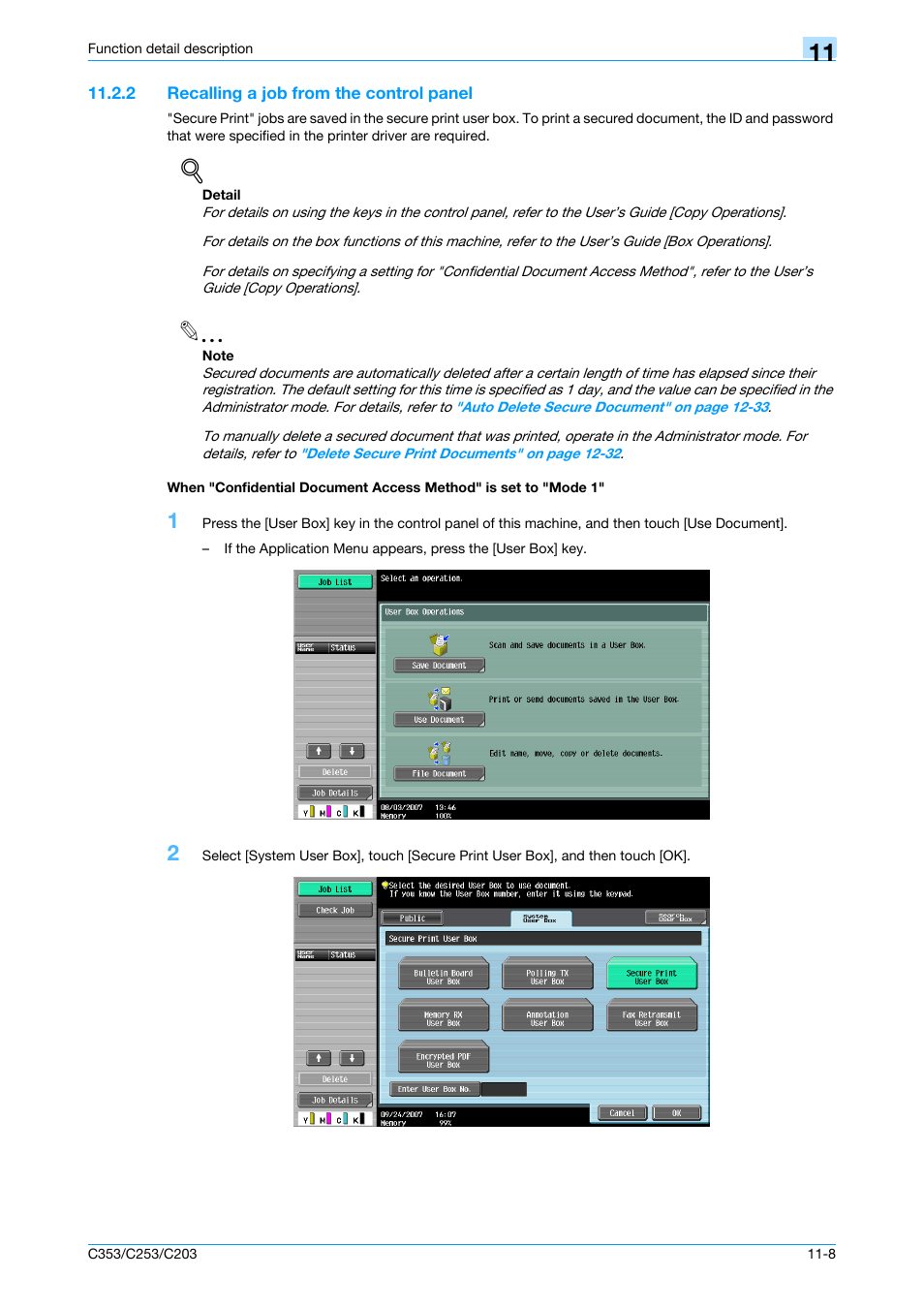 2 recalling a job from the control panel | Konica Minolta bizhub C353 User Manual | Page 137 / 262