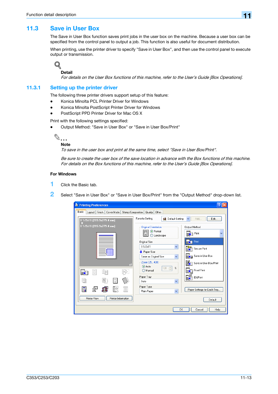 3 save in user box, 1 setting up the printer driver, For windows | Save in user box -13, Setting up the printer driver -13 for windows -13 | Konica Minolta bizhub C353 User Manual | Page 142 / 262