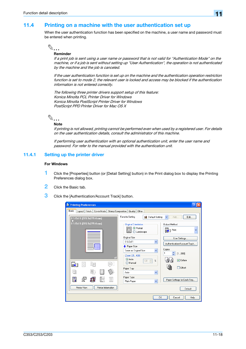 1 setting up the printer driver, For windows, Setting up the printer driver -18 for windows -18 | Konica Minolta bizhub C353 User Manual | Page 147 / 262