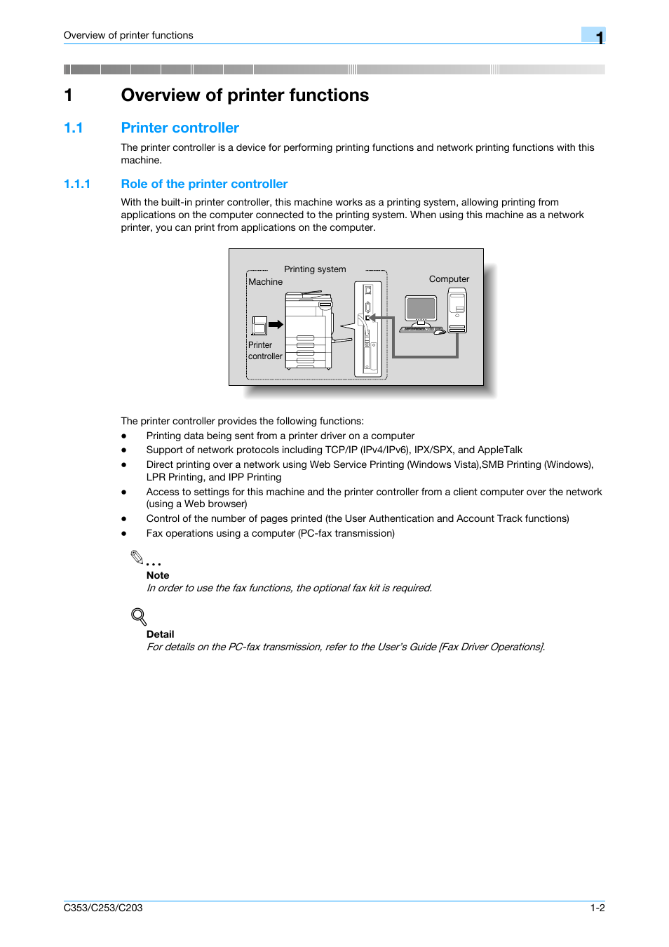 1 overview of printer functions, 1 printer controller, 1 role of the printer controller | Overview of printer functions, Printer controller -2, Role of the printer controller -2, 1overview of printer functions | Konica Minolta bizhub C353 User Manual | Page 15 / 262