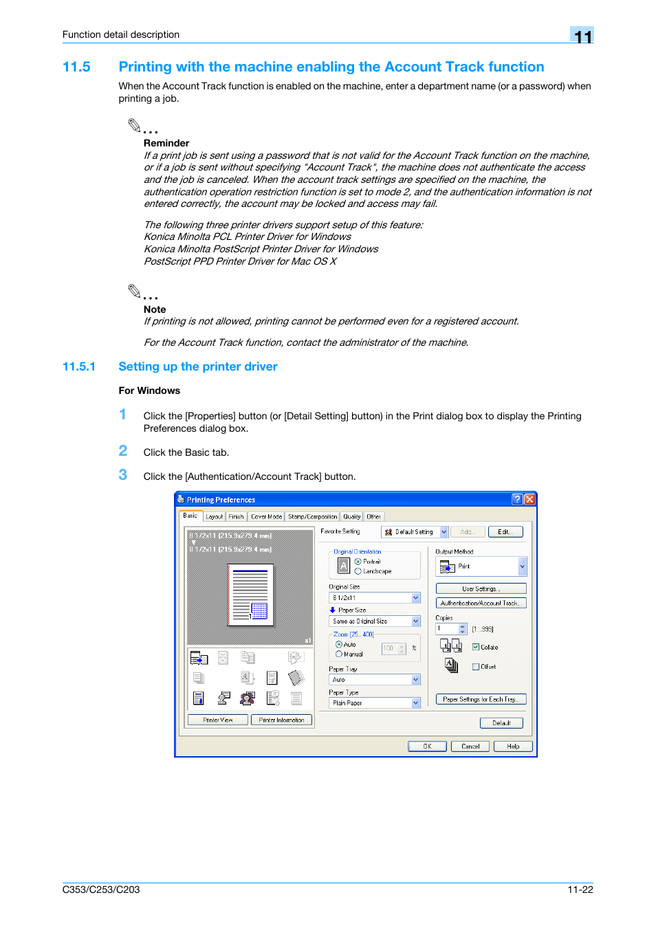 1 setting up the printer driver, For windows, Setting up the printer driver -22 for windows -22 | Konica Minolta bizhub C353 User Manual | Page 151 / 262