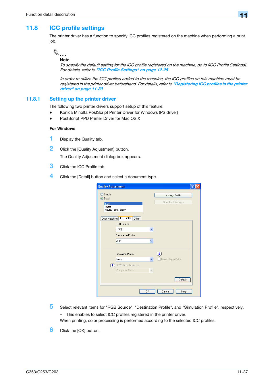 8 icc profile settings, 1 setting up the printer driver, For windows | Icc profile settings -37, Setting up the printer driver -37 for windows -37 | Konica Minolta bizhub C353 User Manual | Page 166 / 262