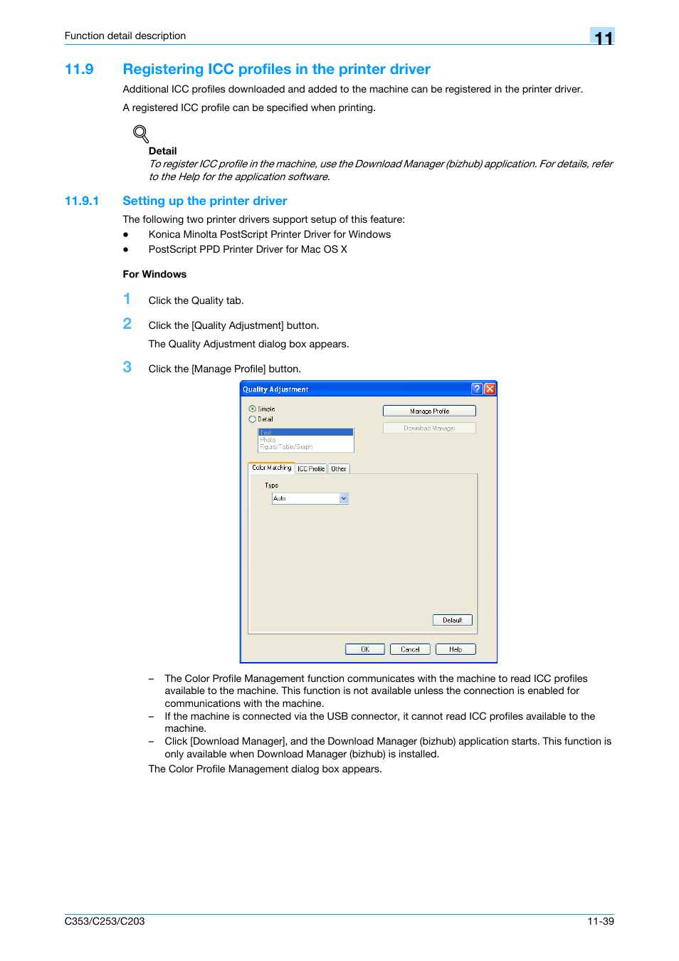 9 registering icc profiles in the printer driver, 1 setting up the printer driver, For windows | Registering icc profiles in the printer driver -39, Setting up the printer driver -39 for windows -39, Fer to, Registering icc profiles in the printer | Konica Minolta bizhub C353 User Manual | Page 168 / 262