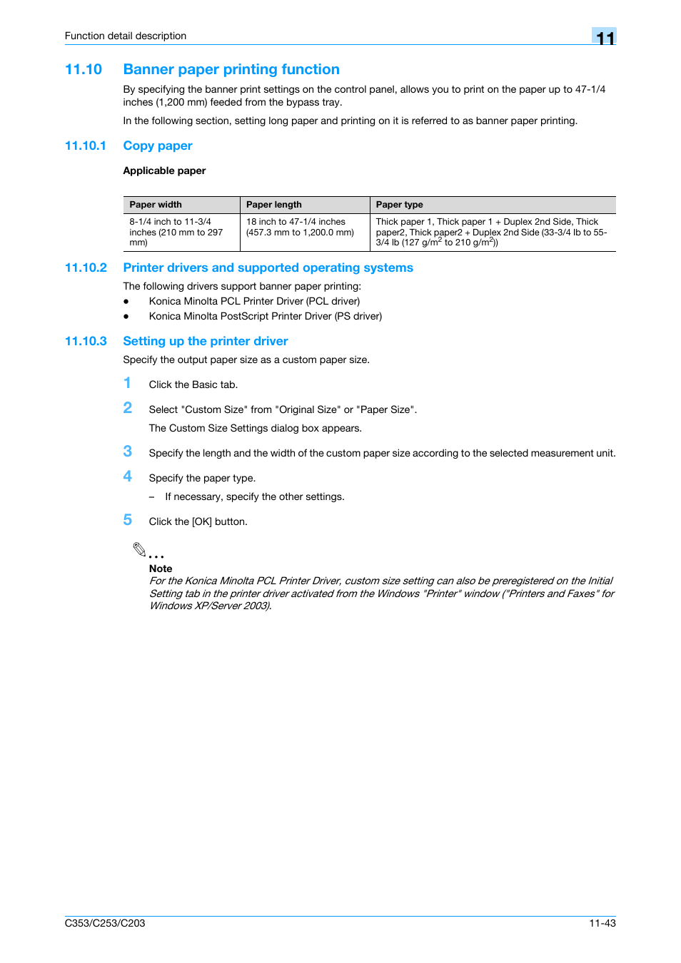 10 banner paper printing function, 1 copy paper, Applicable paper | 2 printer drivers and supported operating systems, 3 setting up the printer driver, Banner paper printing function -43, Copy paper -43 applicable paper -43, Setting up the printer driver -43 | Konica Minolta bizhub C353 User Manual | Page 172 / 262