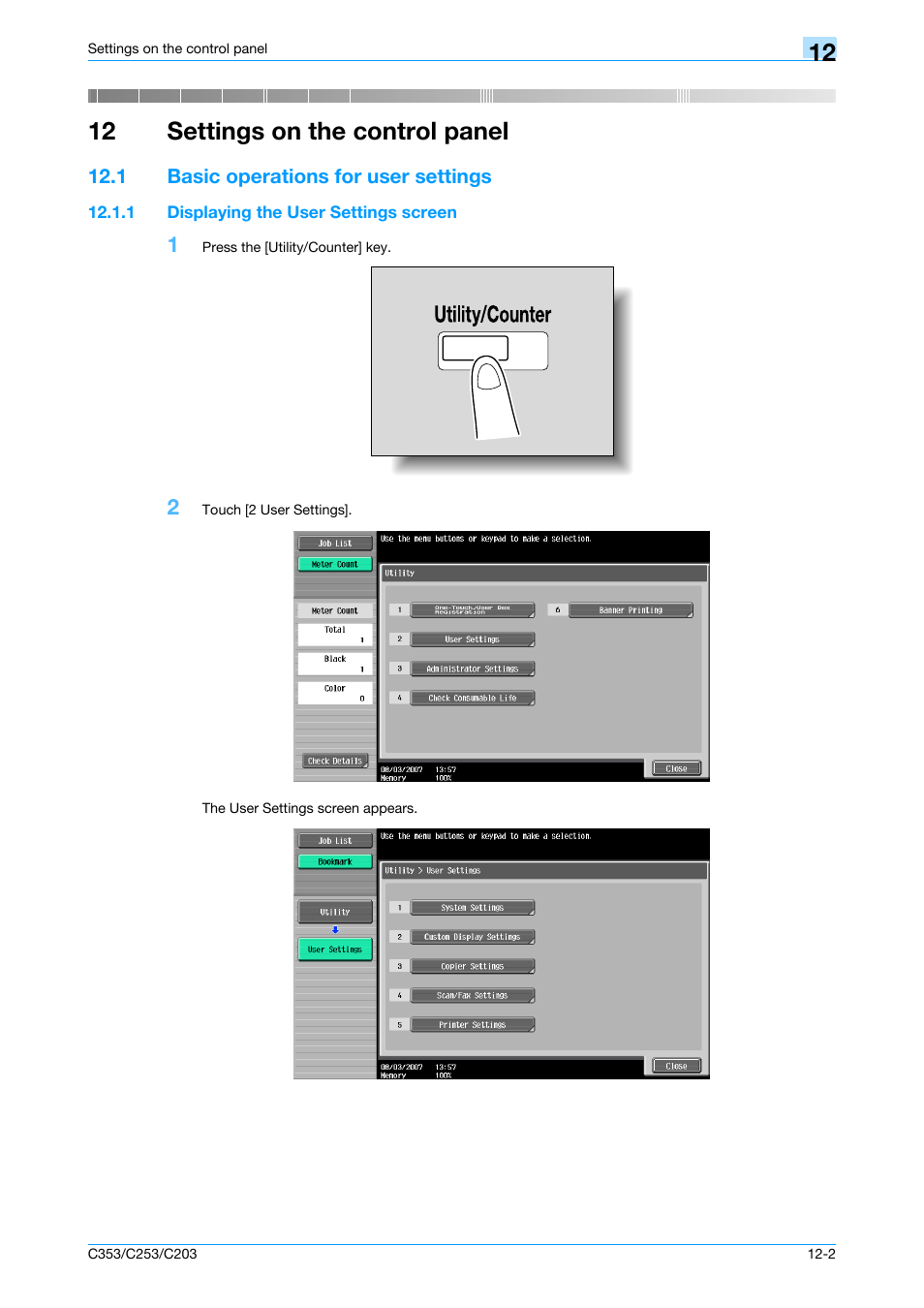 12 settings on the control panel, 1 basic operations for user settings, 1 displaying the user settings screen | Basic operations for user settings -2, Displaying the user settings screen -2, Settings on the control panel | Konica Minolta bizhub C353 User Manual | Page 177 / 262