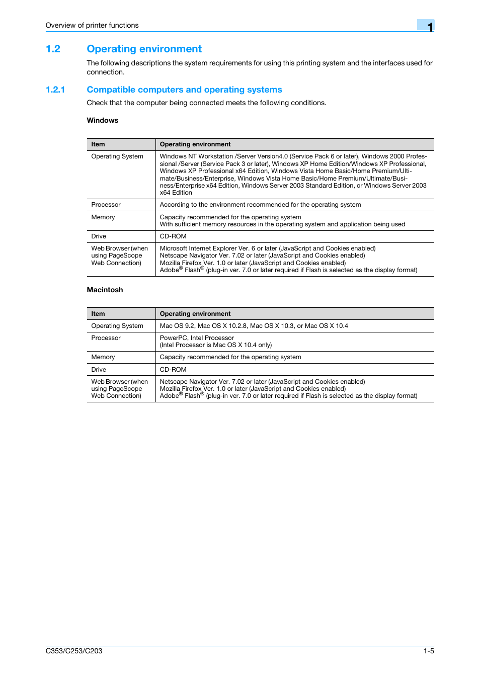 2 operating environment, 1 compatible computers and operating systems, Windows | Macintosh, Operating environment -5 | Konica Minolta bizhub C353 User Manual | Page 18 / 262