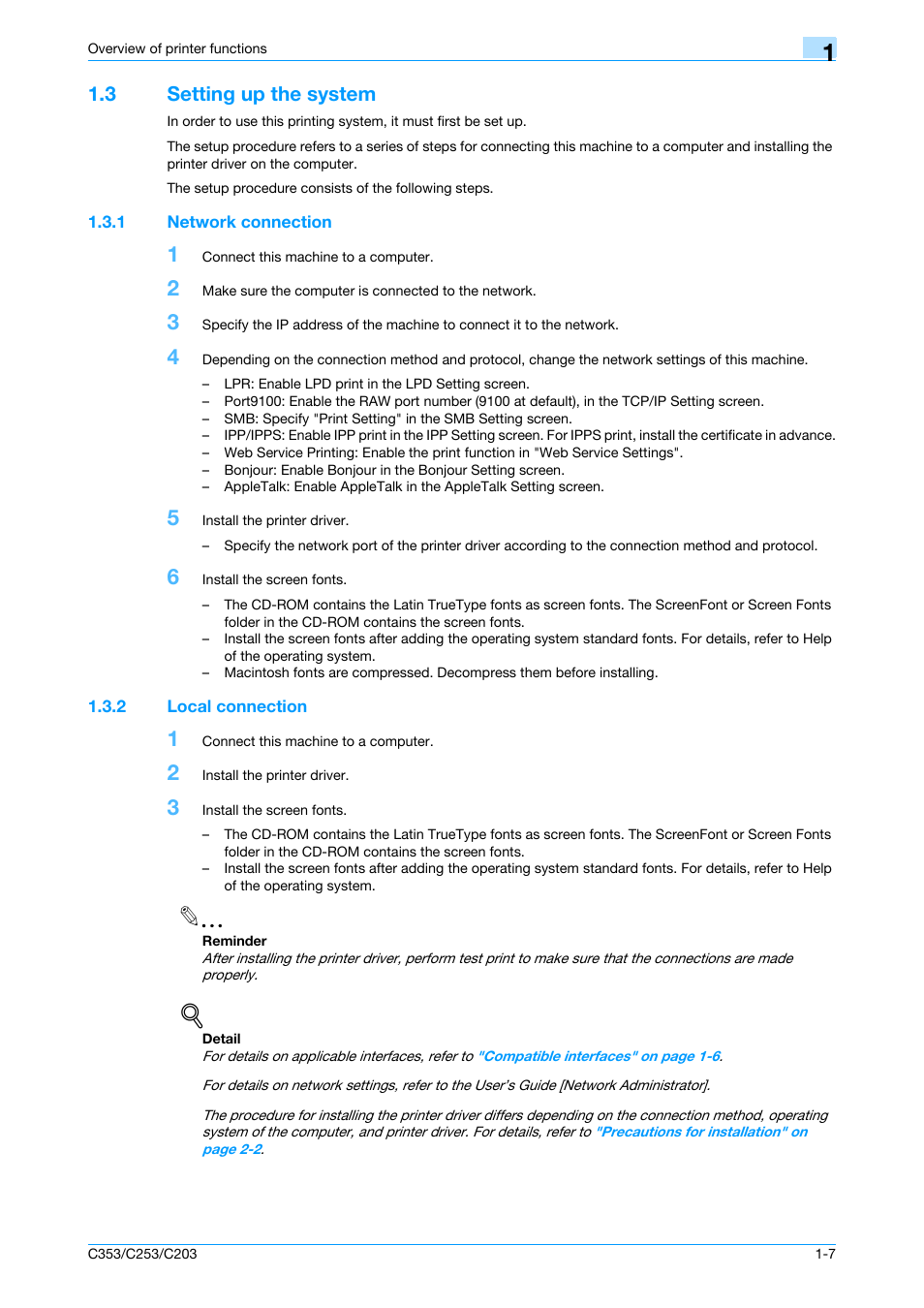 3 setting up the system, 1 network connection, 2 local connection | Setting up the system -7, Network connection -7, Local connection -7 | Konica Minolta bizhub C353 User Manual | Page 20 / 262