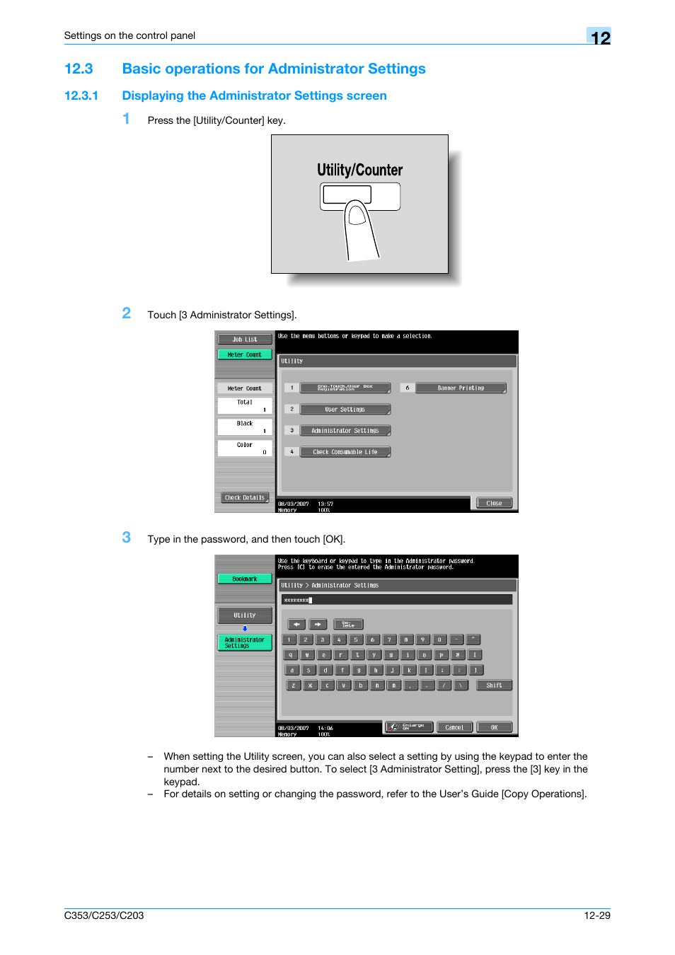 3 basic operations for administrator settings, 1 displaying the administrator settings screen, Basic operations for administrator settings -29 | Displaying the administrator settings screen -29 | Konica Minolta bizhub C353 User Manual | Page 204 / 262