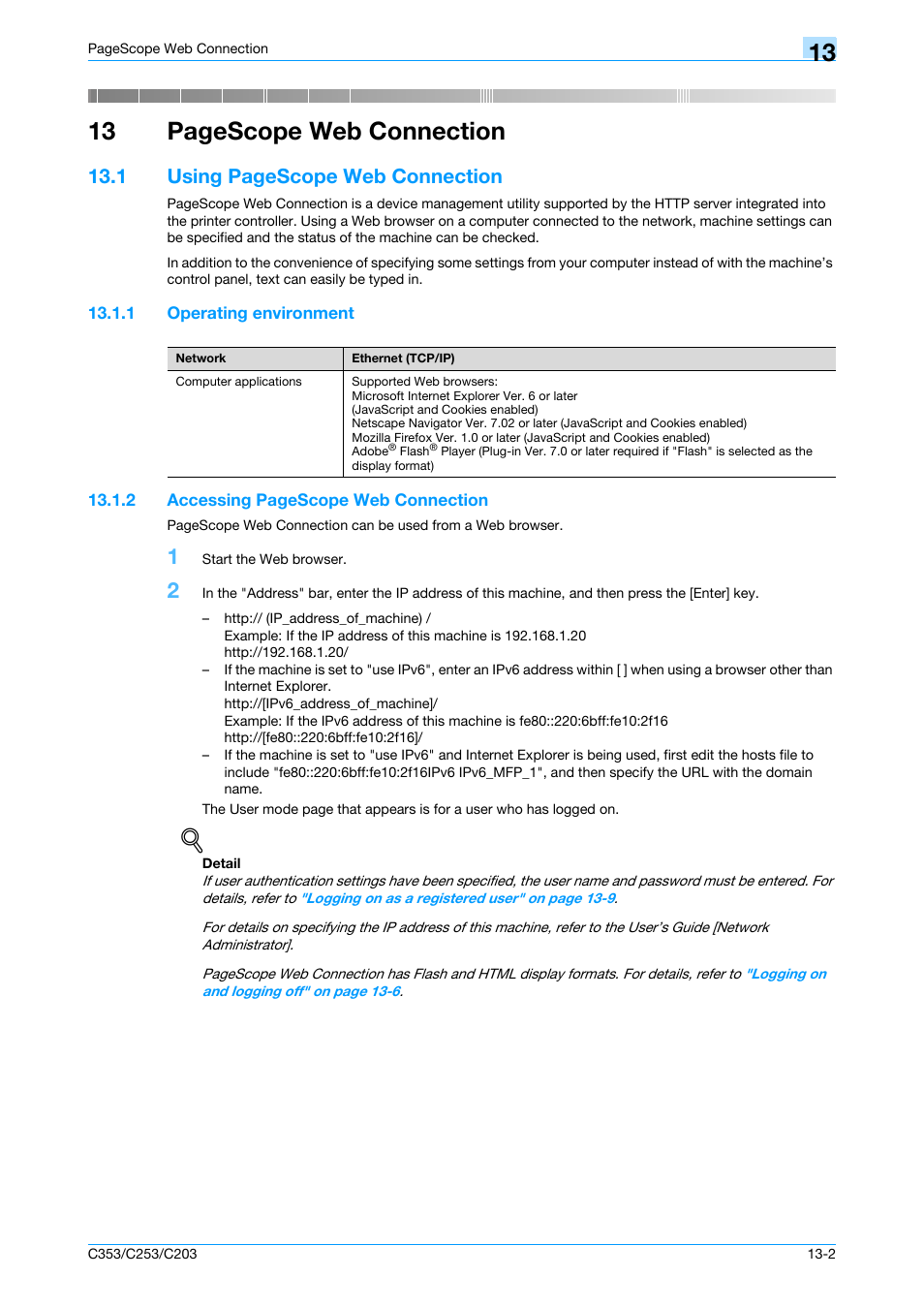 1 operating environment, Operating environment -2, 13 pagescope web connection | 1 using pagescope web connection | Konica Minolta bizhub C353 User Manual | Page 219 / 262