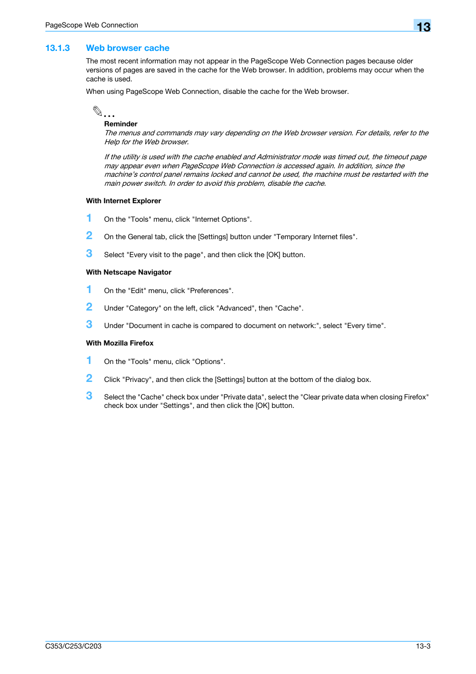 3 web browser cache, With internet explorer, With netscape navigator | With mozilla firefox | Konica Minolta bizhub C353 User Manual | Page 220 / 262