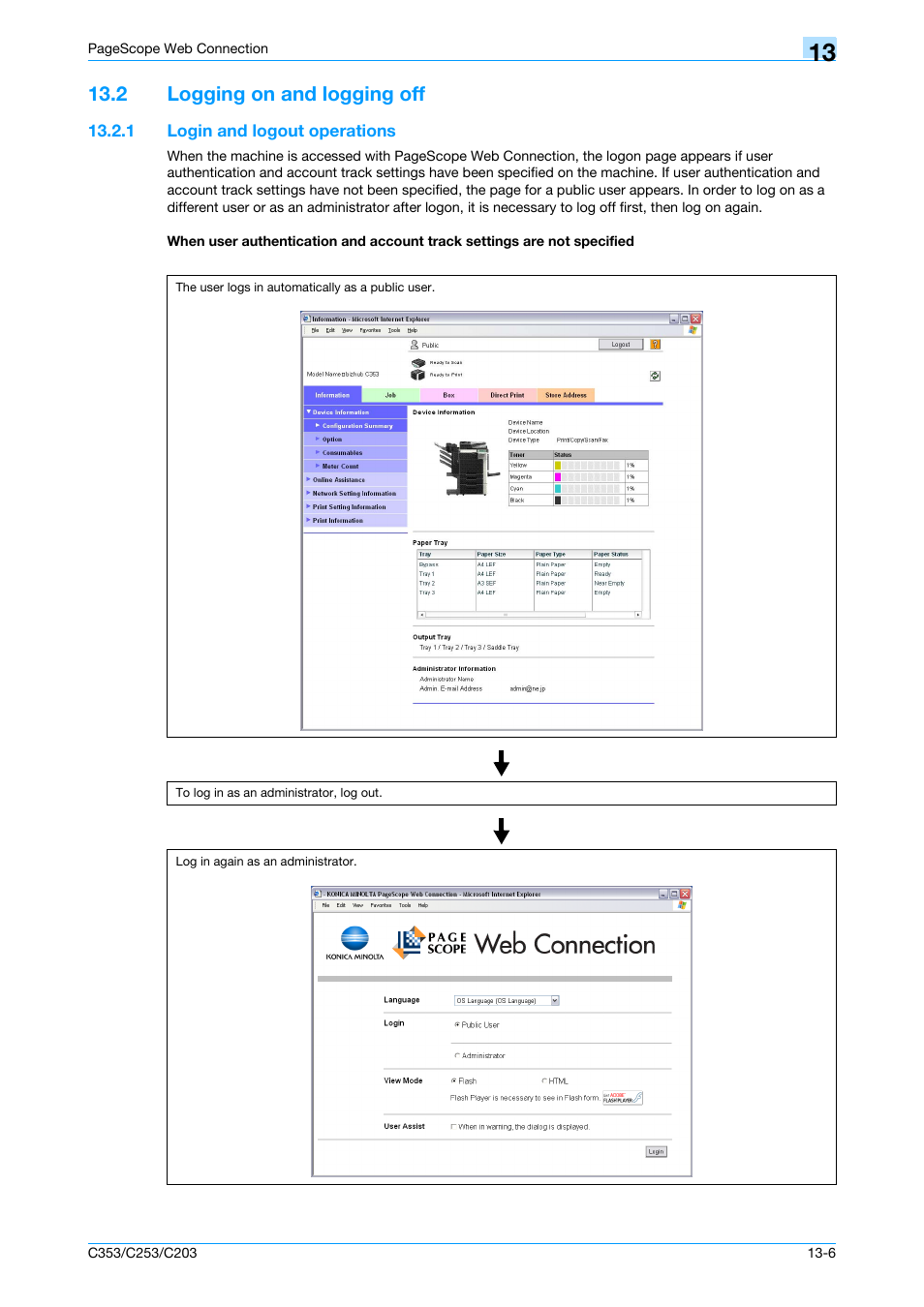 2 logging on and logging off, 1 login and logout operations, Logging on and logging off -6 | Details, refer to, Logging on, Administrator, refer to | Konica Minolta bizhub C353 User Manual | Page 223 / 262