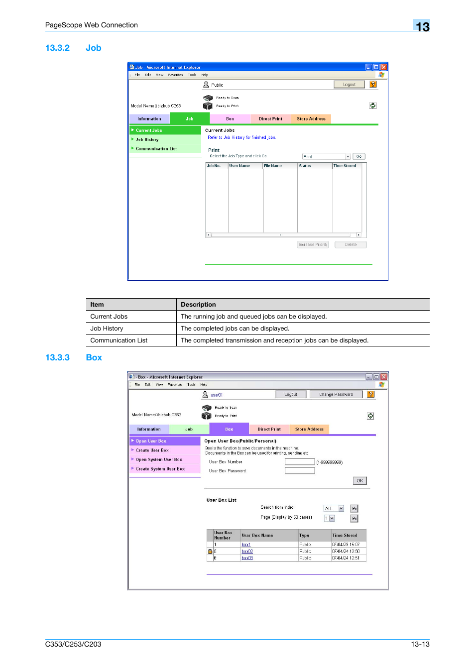 2 job, 3 box, Job -13 | Box -13 | Konica Minolta bizhub C353 User Manual | Page 230 / 262