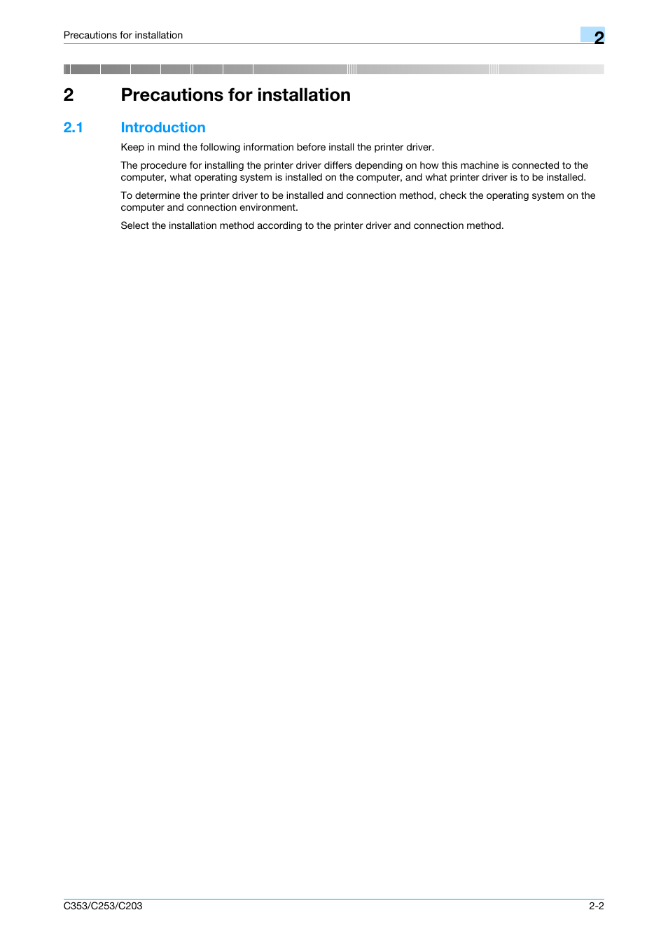 2 precautions for installation, 1 introduction, Precautions for installation | Introduction -2, Precautions for installation" on, 2precautions for installation | Konica Minolta bizhub C353 User Manual | Page 24 / 262