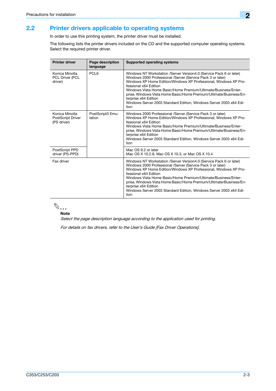 2 printer drivers applicable to operating systems, Printer drivers applicable to operating systems -3 | Konica Minolta bizhub C353 User Manual | Page 25 / 262