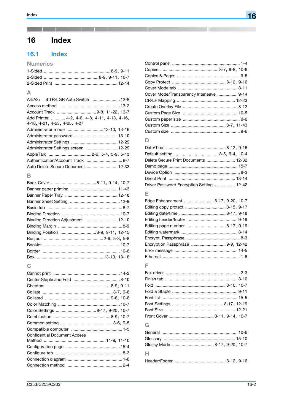 16 index, 1 index, A to h | Index -2, Index | Konica Minolta bizhub C353 User Manual | Page 259 / 262