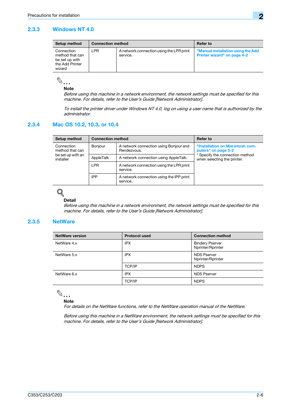 3 windows nt 4.0, 4 mac os 10.2, 10.3, or 10.4, 5 netware | Windows nt 4.0 -6, Mac os 10.2, 10.3, or 10.4 -6, Netware -6 | Konica Minolta bizhub C353 User Manual | Page 28 / 262