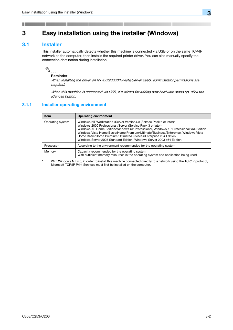 3 easy installation using the installer (windows), 1 installer, 1 installer operating environment | Easy installation using the installer (windows), Installer -2, Installer operating environment -2, 3easy installation using the installer (windows) | Konica Minolta bizhub C353 User Manual | Page 30 / 262