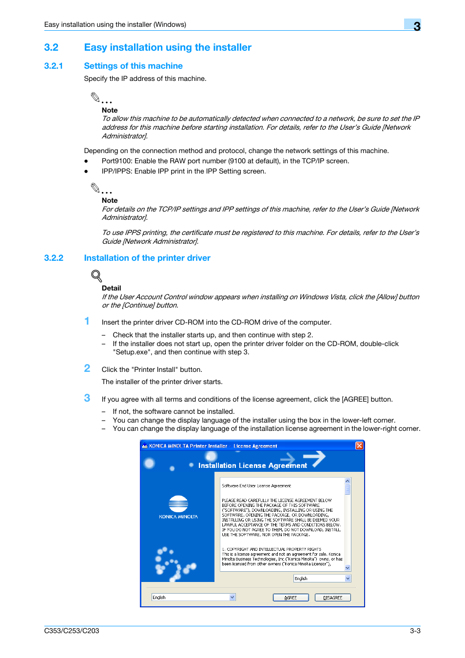 2 easy installation using the installer, 1 settings of this machine, 2 installation of the printer driver | Easy installation using the installer -3, Settings of this machine -3, Installation of the printer driver -3 | Konica Minolta bizhub C353 User Manual | Page 31 / 262