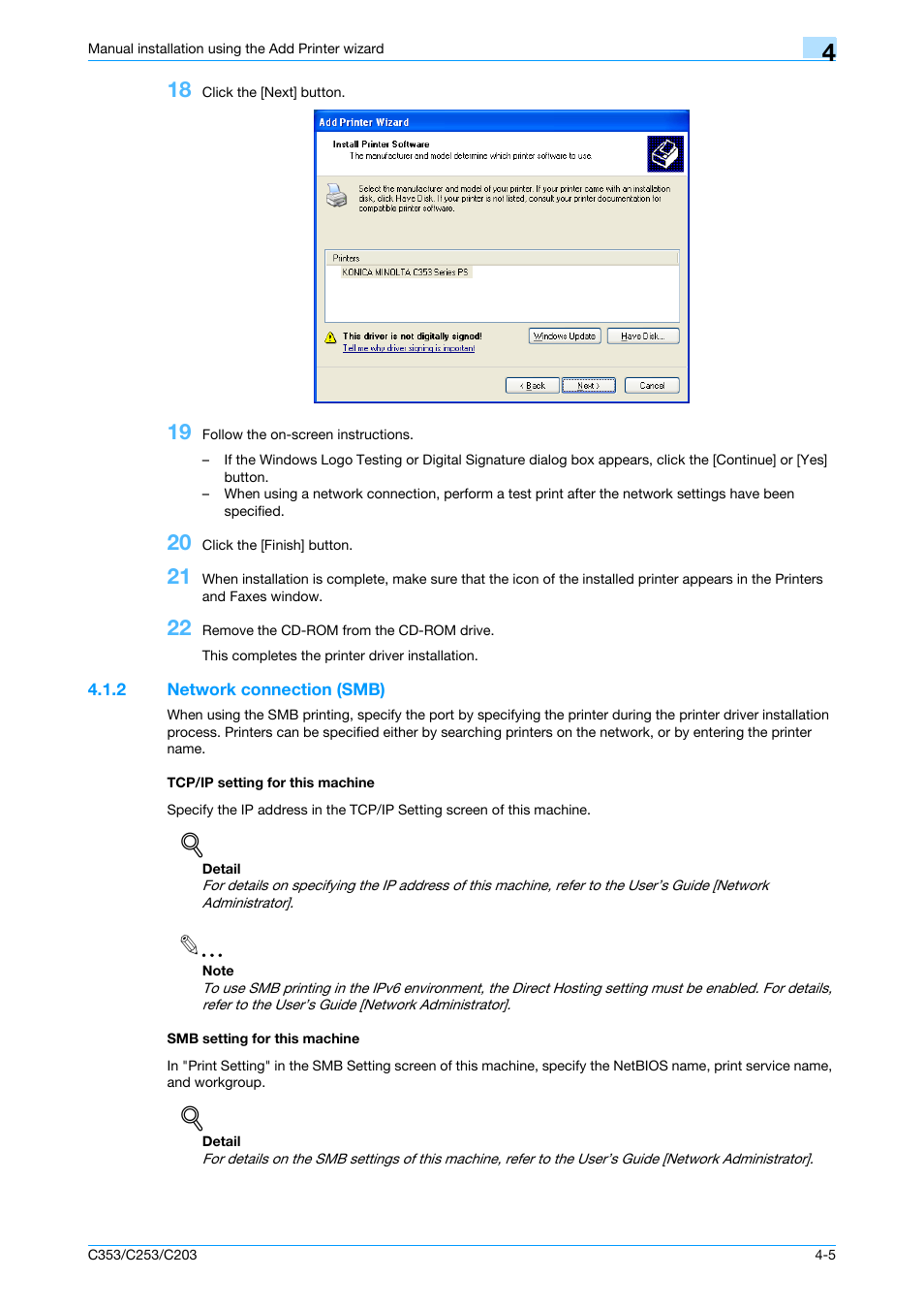 2 network connection (smb), Tcp/ip setting for this machine, Smb setting for this machine | Konica Minolta bizhub C353 User Manual | Page 38 / 262