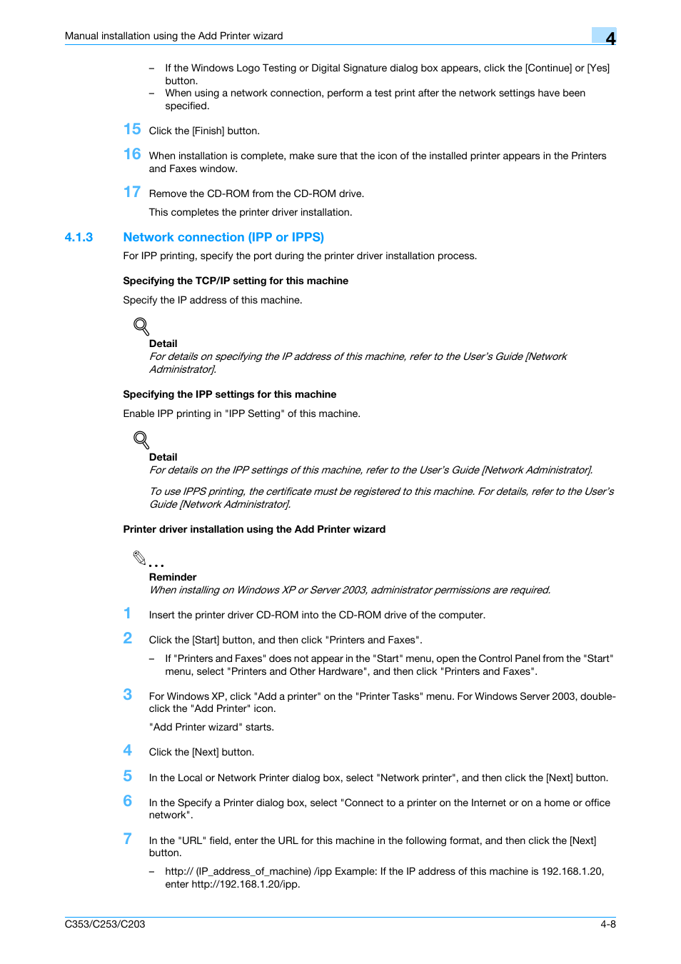 3 network connection (ipp or ipps), Specifying the tcp/ip setting for this machine, Specifying the ipp settings for this machine | Konica Minolta bizhub C353 User Manual | Page 41 / 262