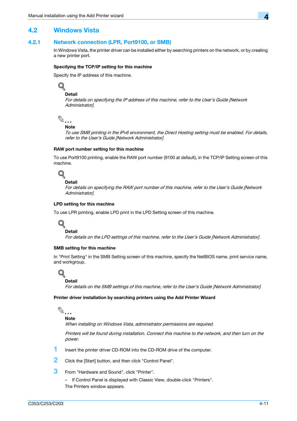 2 windows vista, 1 network connection (lpr, port9100, or smb), Specifying the tcp/ip setting for this machine | Raw port number setting for this machine, Lpd setting for this machine, Smb setting for this machine, Windows vista -11 | Konica Minolta bizhub C353 User Manual | Page 44 / 262