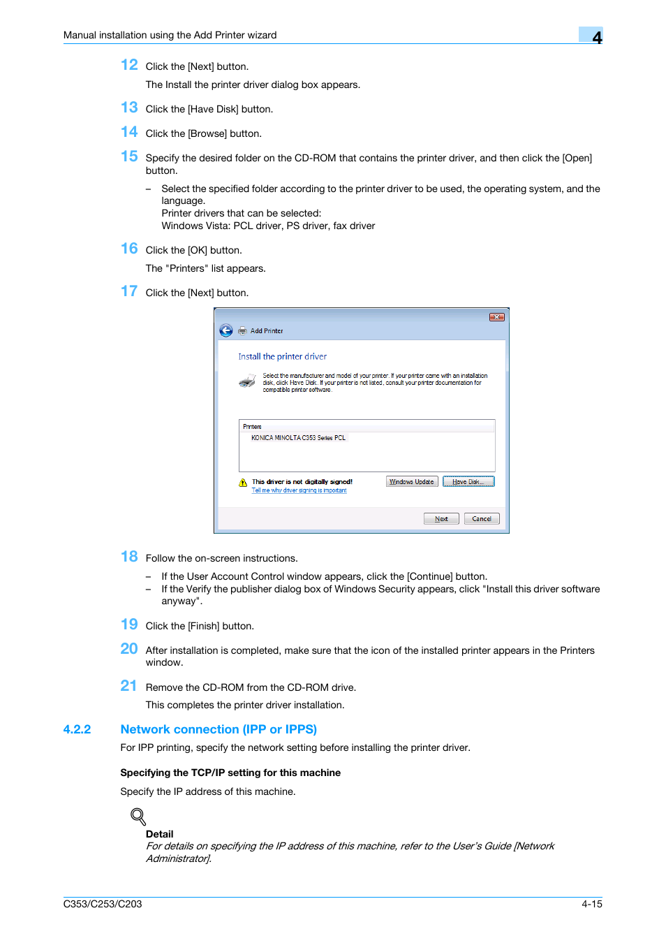 2 network connection (ipp or ipps), Specifying the tcp/ip setting for this machine, Network | Details, refer to | Konica Minolta bizhub C353 User Manual | Page 48 / 262