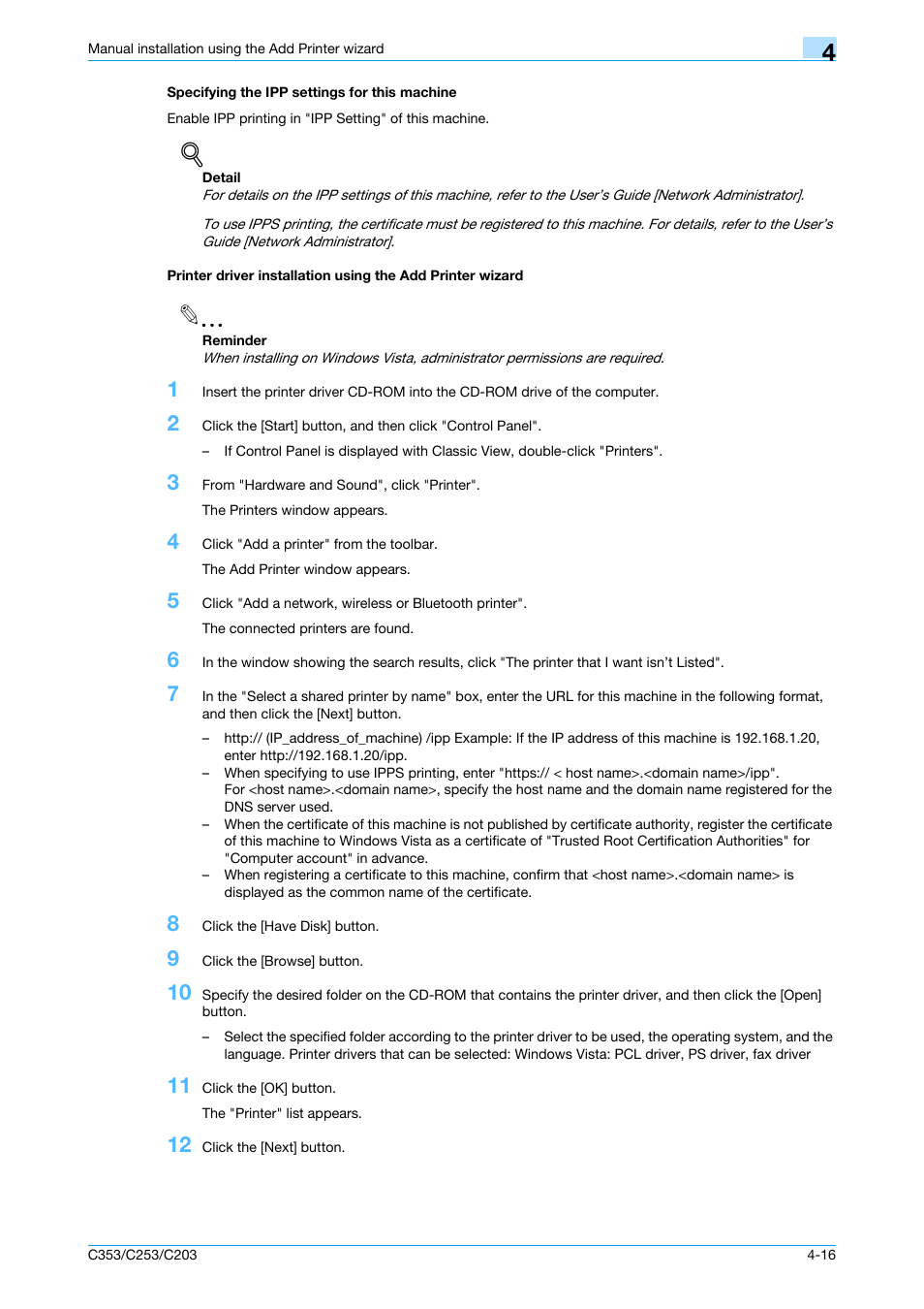 Specifying the ipp settings for this machine | Konica Minolta bizhub C353 User Manual | Page 49 / 262