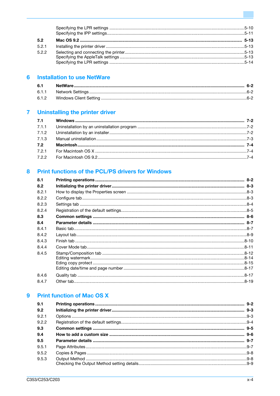 6installation to use netware, 7uninstalling the printer driver, 8print functions of the pcl/ps drivers for windows | 9print function of mac os x | Konica Minolta bizhub C353 User Manual | Page 5 / 262