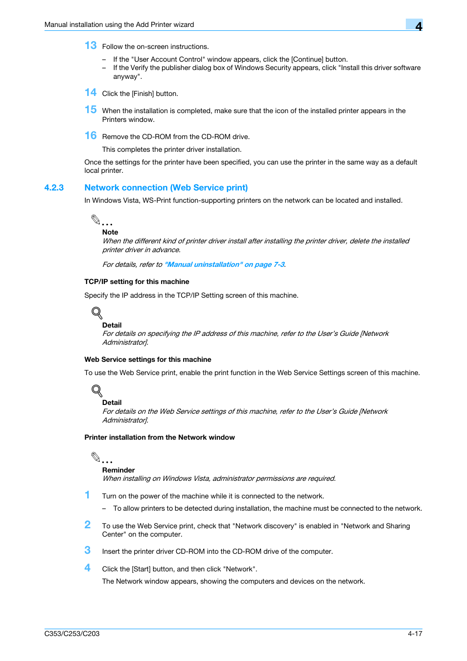 3 network connection (web service print), Tcp/ip setting for this machine, Web service settings for this machine | Printer installation from the network window | Konica Minolta bizhub C353 User Manual | Page 50 / 262