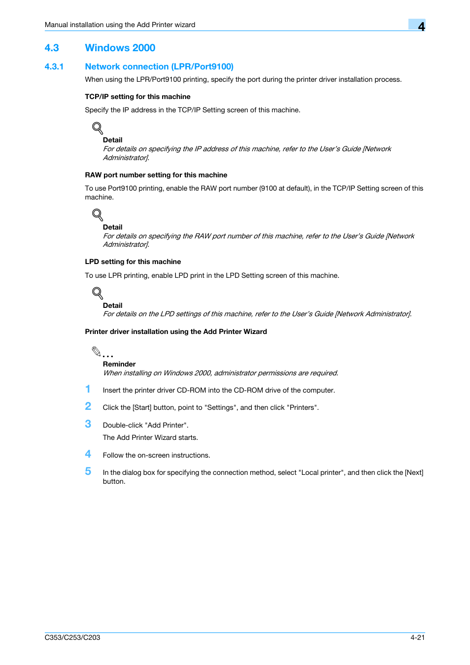 3 windows 2000, 1 network connection (lpr/port9100), Tcp/ip setting for this machine | Raw port number setting for this machine, Lpd setting for this machine, Windows 2000 -21 | Konica Minolta bizhub C353 User Manual | Page 54 / 262