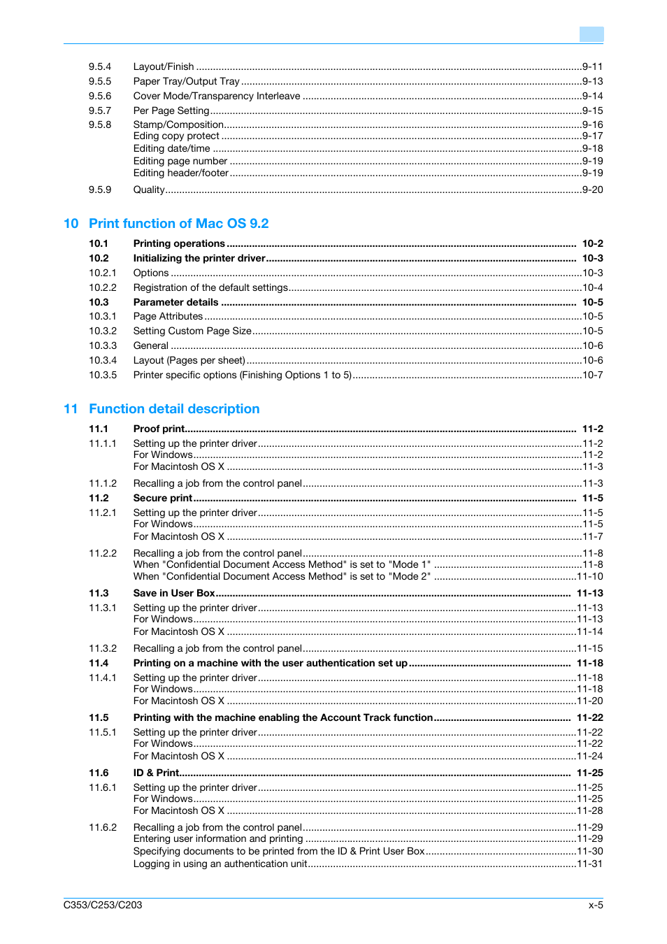 10 print function of mac os 9.2, 11 function detail description | Konica Minolta bizhub C353 User Manual | Page 6 / 262