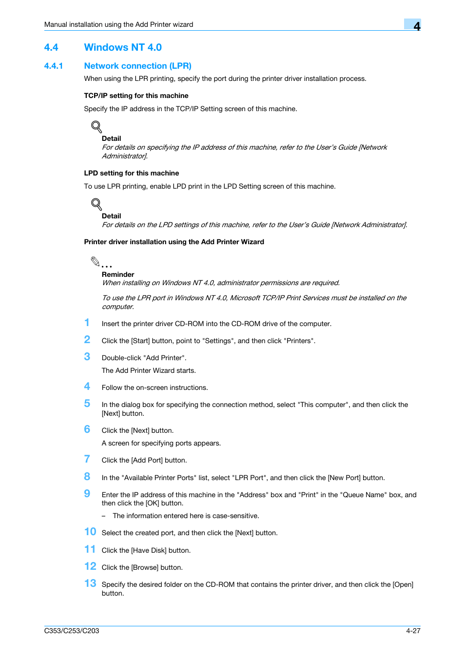 4 windows nt 4.0, 1 network connection (lpr), Tcp/ip setting for this machine | Lpd setting for this machine, Windows nt 4.0 -27 | Konica Minolta bizhub C353 User Manual | Page 60 / 262