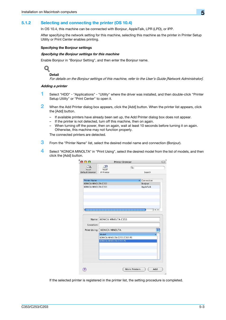 2 selecting and connecting the printer (os 10.4), Specifying the bonjour settings | Konica Minolta bizhub C353 User Manual | Page 64 / 262