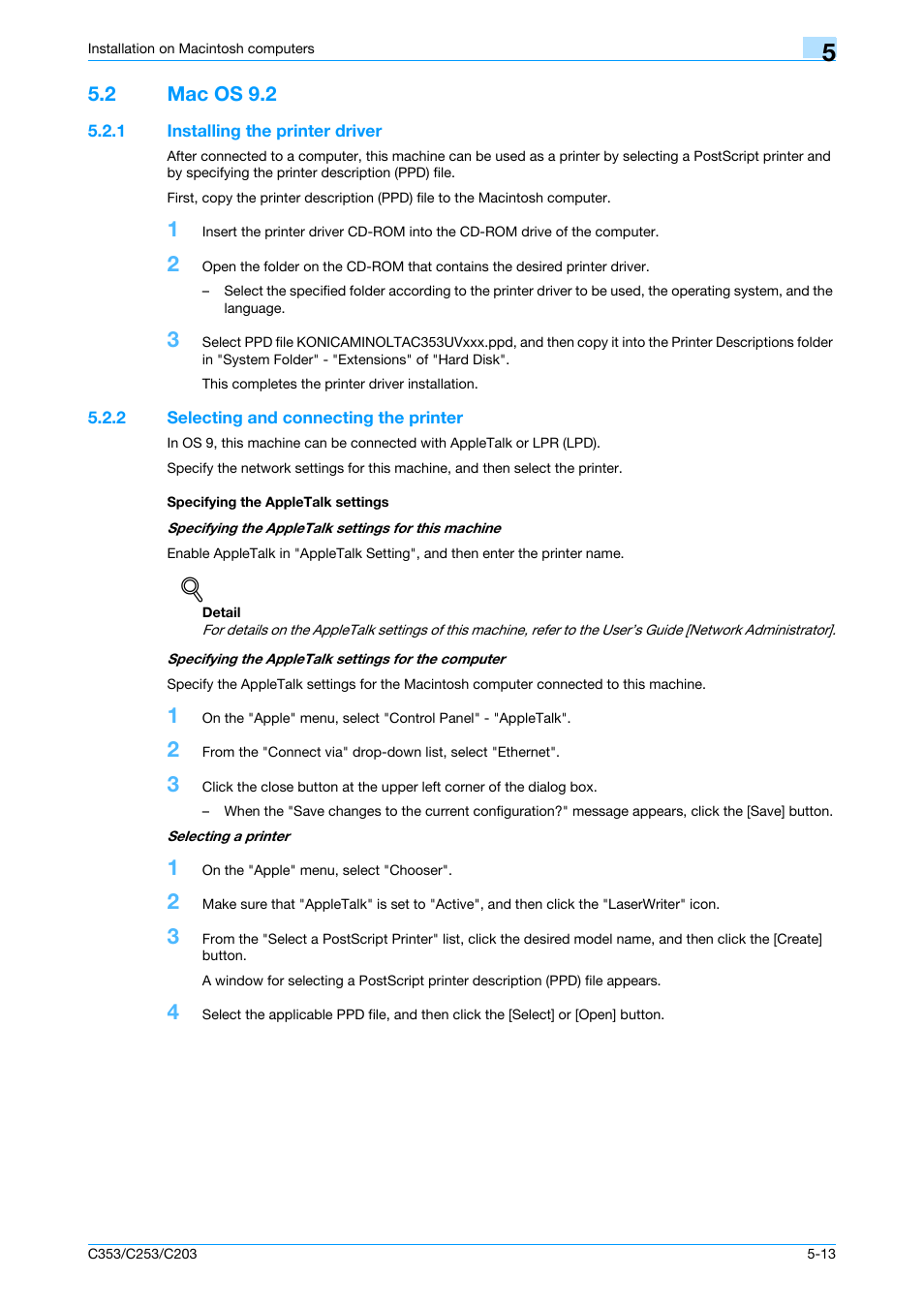 2 mac os 9.2, 1 installing the printer driver, 2 selecting and connecting the printer | Specifying the appletalk settings, Mac os 9.2 -13, Installing the printer driver -13 | Konica Minolta bizhub C353 User Manual | Page 74 / 262